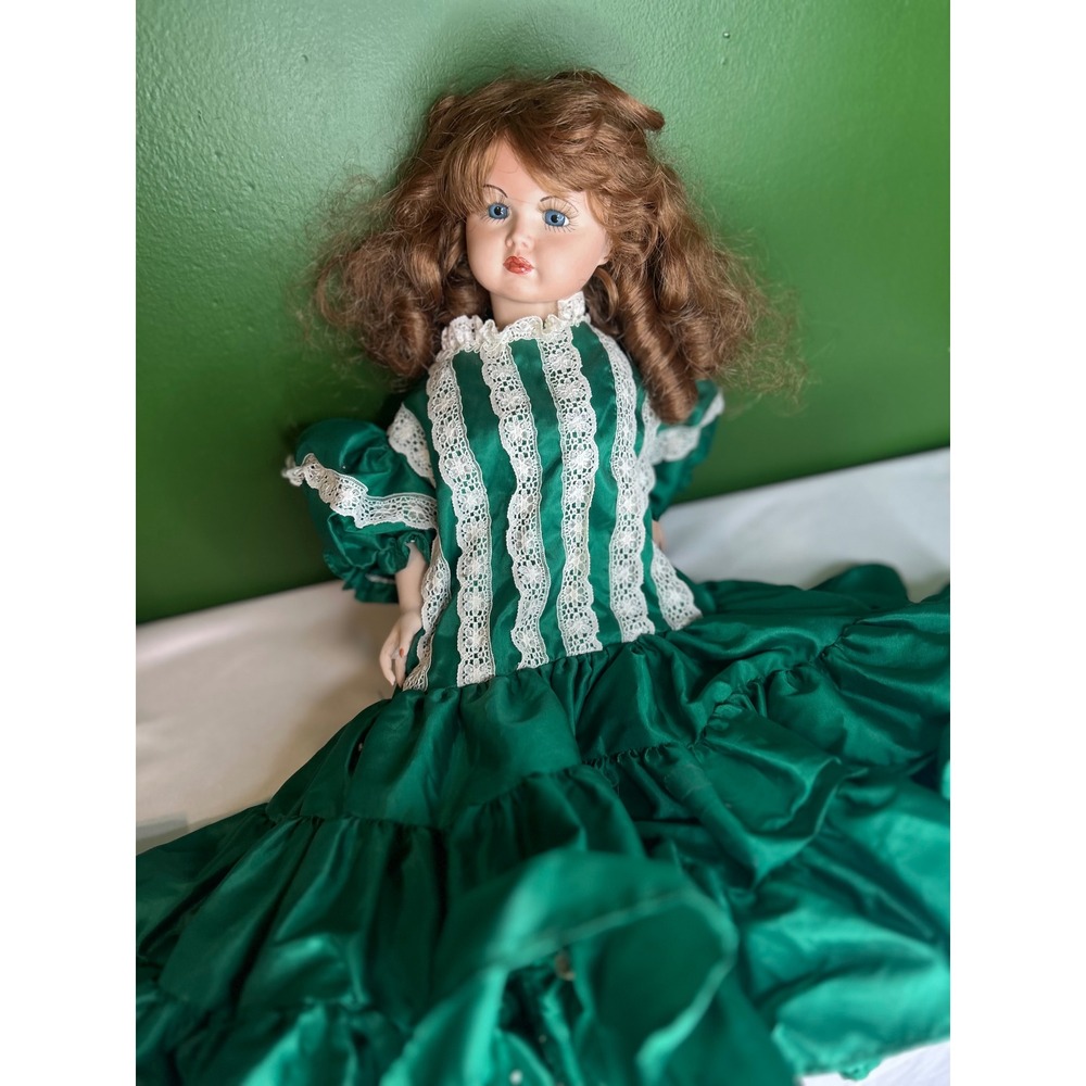 Vintage Porcelain Doll Emerald Green Satin Lace Victorian Dress Auburn Hai